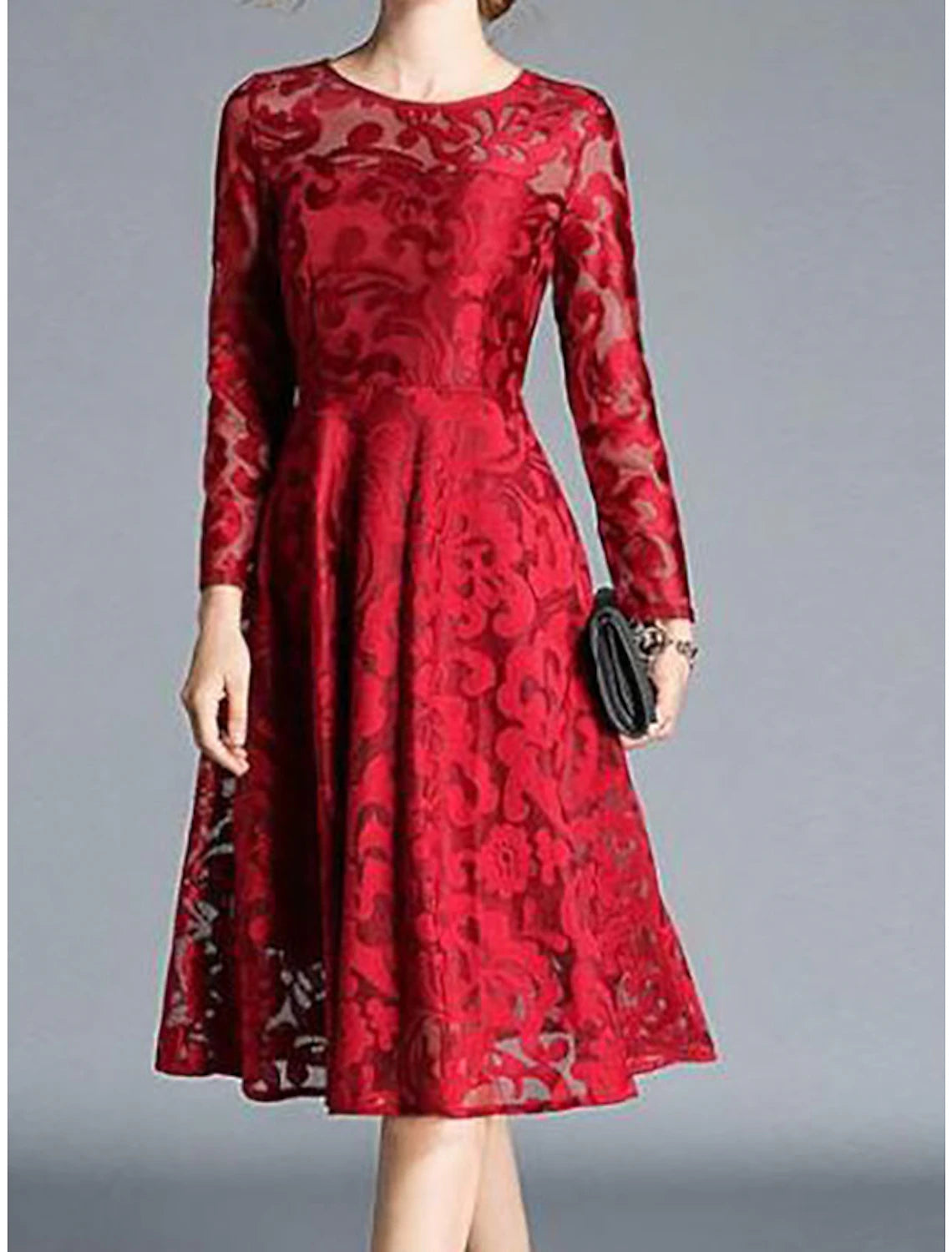 Abito da festa da donna, abito in pizzo, abito a trapezio, abito midi, rosso vino, nero e blu, manica lunga, colore puro, pizzo, inverno, autunno e primavera, scollo rotondo, elegante, abito invernale da festa, da invitata a nozze